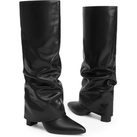 Women’s Knee High Boots, Fold Over, Chunky High Heels, Zipper, Pointed Toe - Picture 2 of 7